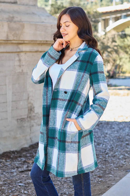 Double Take Full Size Plaid Button Up Lapel Collar Coat - IntuitiveEncBoutique