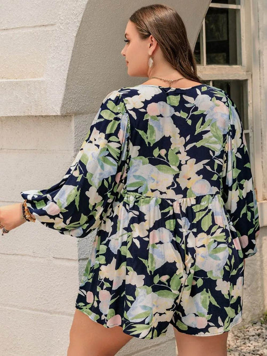 Plus Size Tied Printed Long Sleeve Romper - IntuitiveEncBoutique