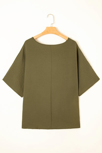 Four Leaf Clover Textured Half Sleeve V Neck Plus Size T Shirt with Chest Pocket