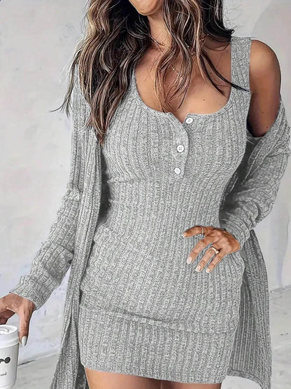 Ribbed Button Front Dress and Cardigan Sweater Set - IntuitiveEncBoutique