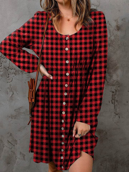 Double Take Full Size Plaid Round Neck Long Sleeve Magic Dress - IntuitiveEncBoutique