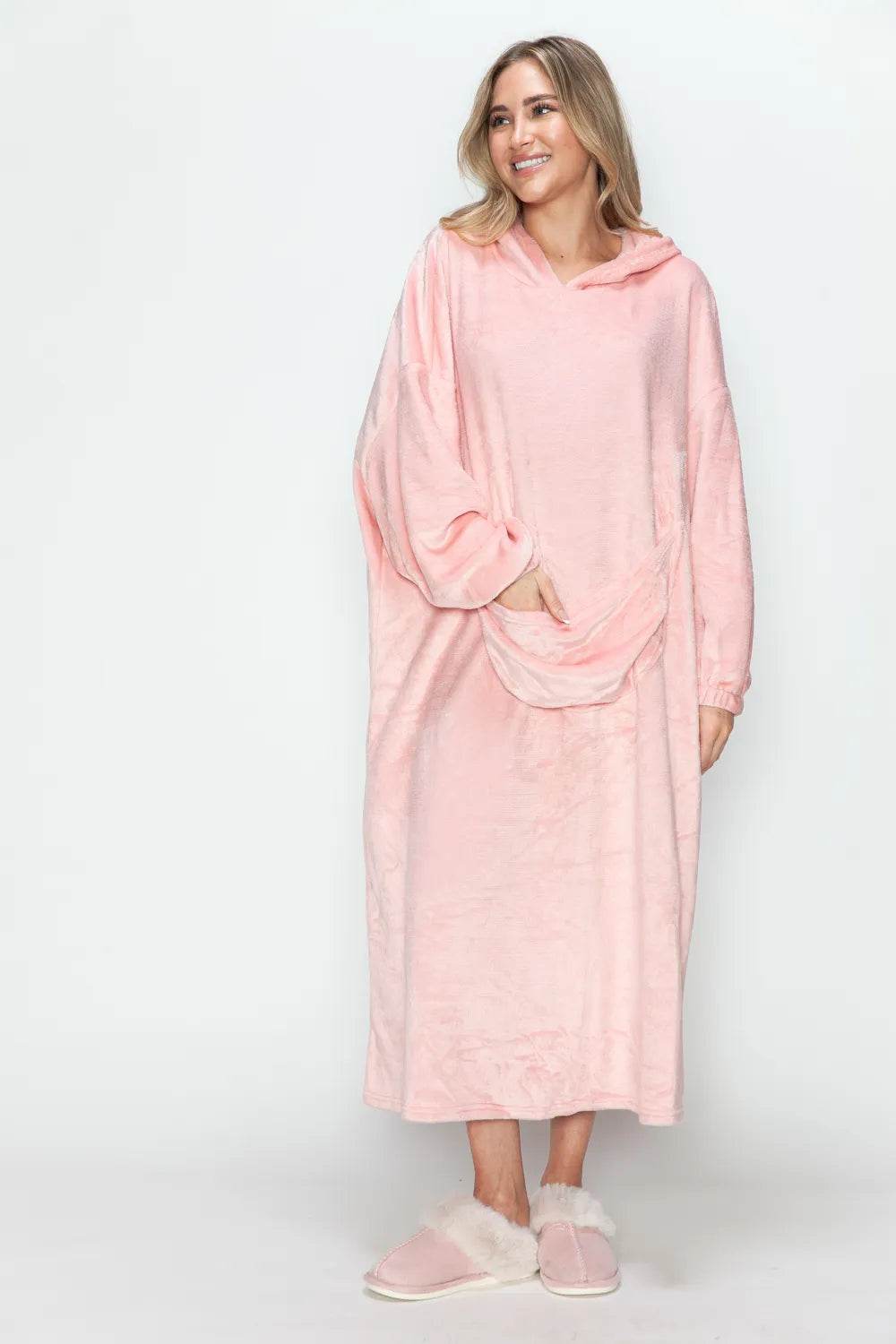 Double Take Full Size Pocketed Hooded Midi Lounge Dress - IntuitiveEncBoutique