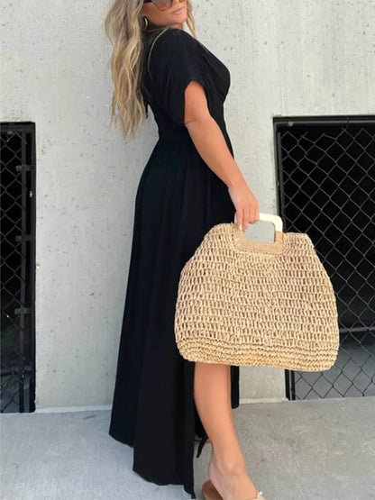 Full Size Deep V-Neck Maxi Dress with Side Slit Plus Size - IntuitiveEncBoutique