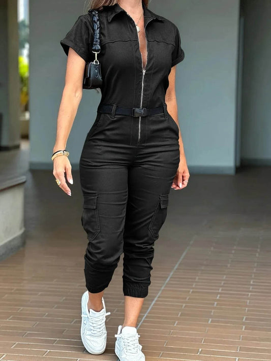Zip Front Short Sleeve Jumpsuit - IntuitiveEncBoutique