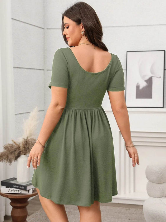 Plus Size Square Neck Short Sleeve Mini Dress - IntuitiveEncBoutique
