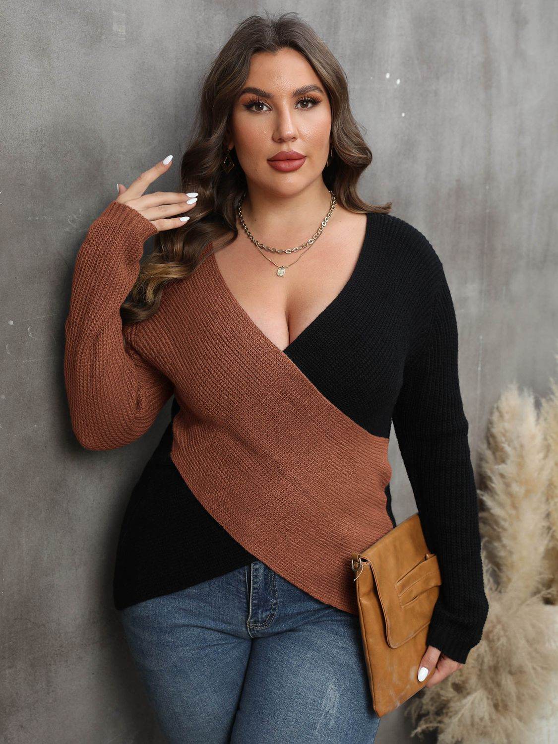 Plus Size Two-Tone Surplice Neck Sweater - IntuitiveEncBoutique