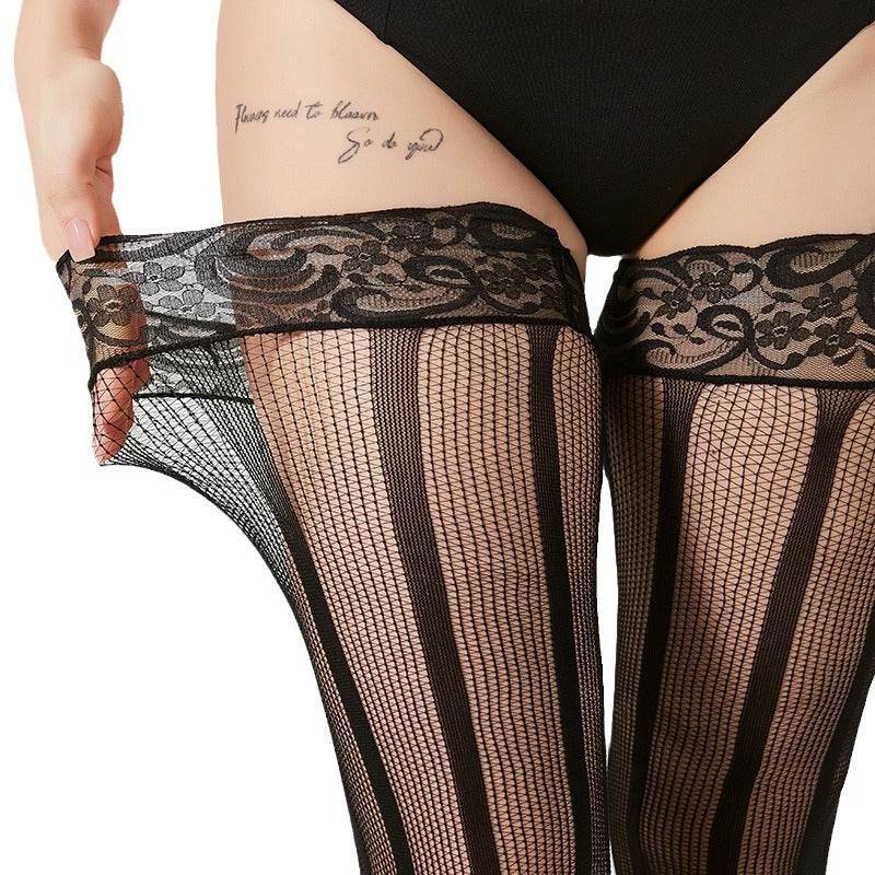 Lace border vertical stripe fishing net over knee socks sexy over knee anti slip silicone lace long tube socks - IntuitiveEncBoutique