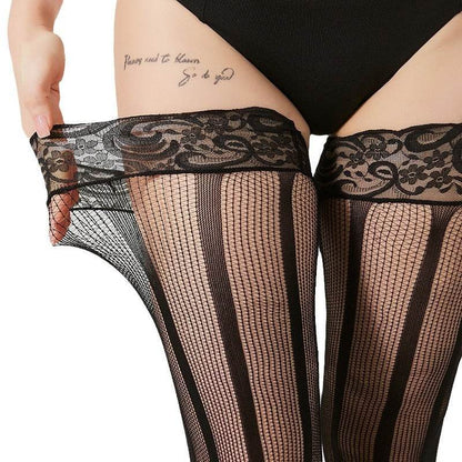 Lace border vertical stripe fishing net over knee socks sexy over knee anti slip silicone lace long tube socks - IntuitiveEncBoutique