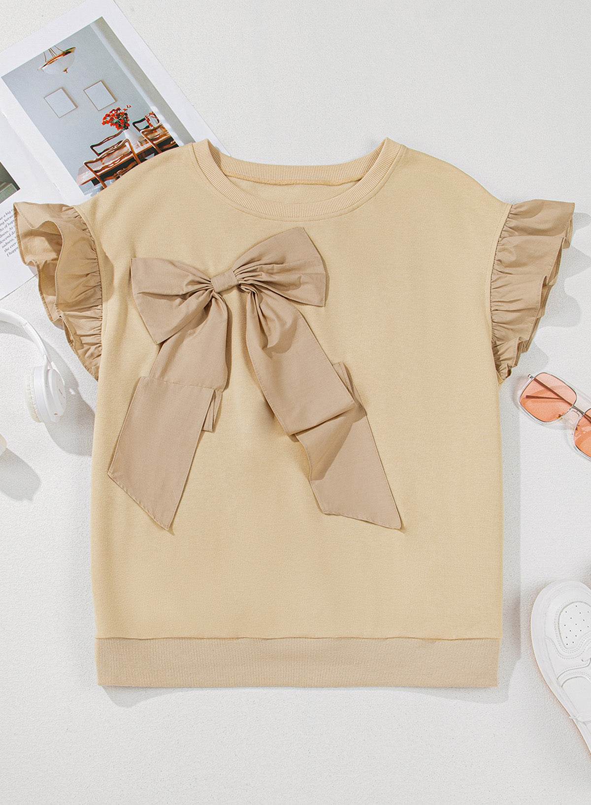 Parchment Ruffled Short Sleeve Bowknot Applique Crew Neck Plus Size Top - IntuitiveEncBoutique