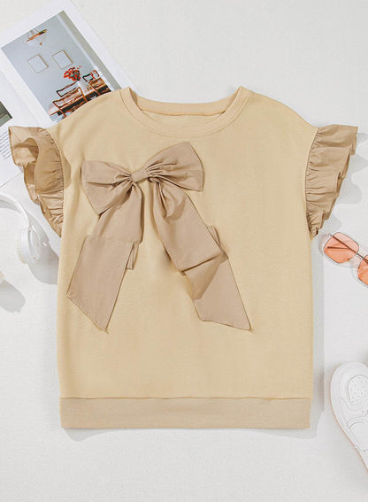 Parchment Ruffled Short Sleeve Bowknot Applique Crew Neck Plus Size Top - IntuitiveEncBoutique