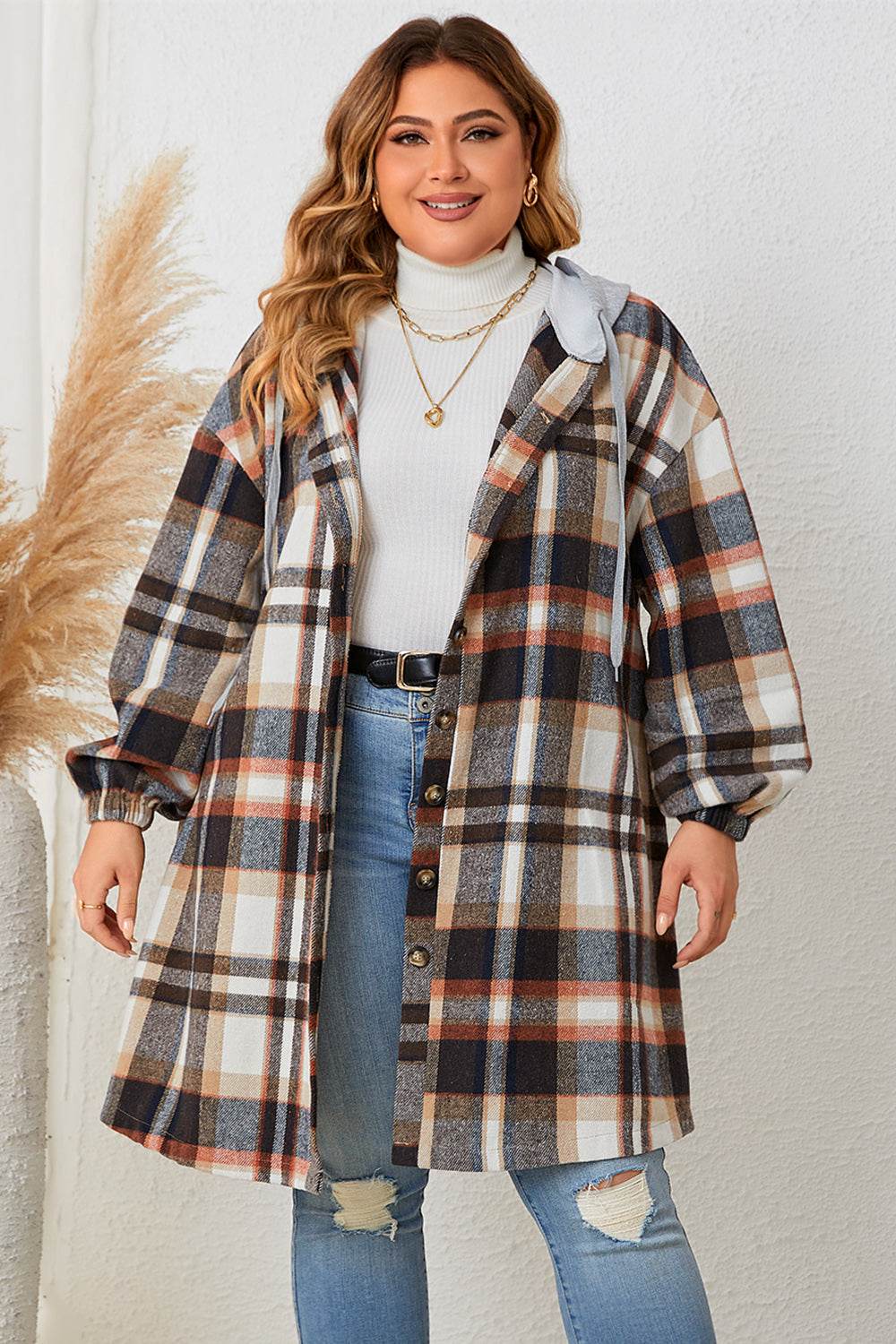 Honey Plus Size Plaid Drop Shoulder Hooded Coat - IntuitiveEncBoutique