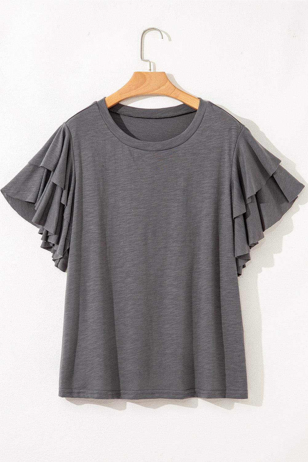 Dark Grey Double Ruffled Short Sleeve Plus Size Top - IntuitiveEncBoutique