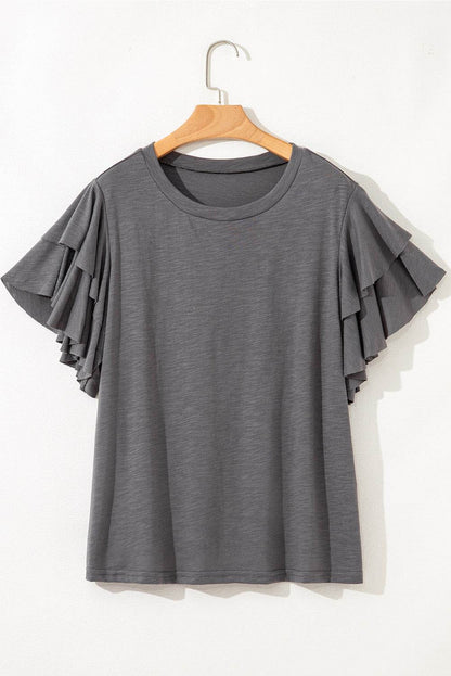 Dark Grey Double Ruffled Short Sleeve Plus Size Top - IntuitiveEncBoutique