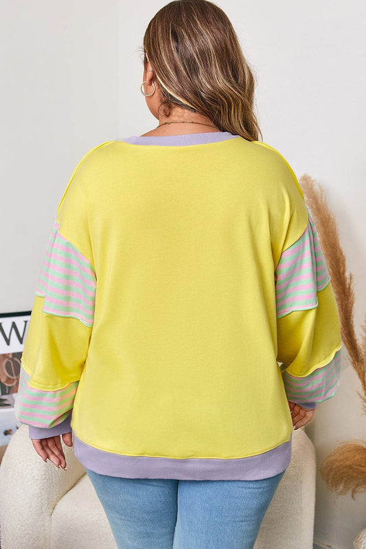 Yellow Striped Color Block Patchwork Crewneck Plus Size Pullover Sweatshirt - IntuitiveEncBoutique