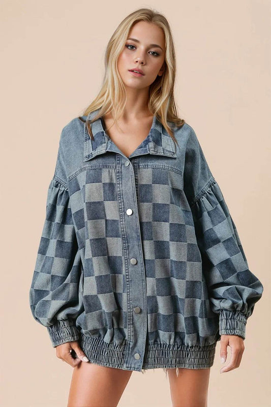 Double Take Checkered Button Up Denim Jacket - IntuitiveEncBoutique