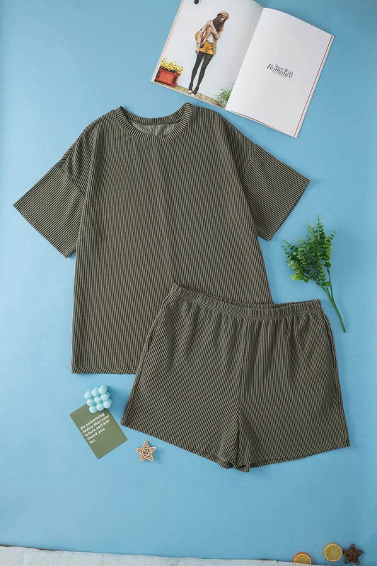 Plus Size Round Neck Top and Pocketed Shorts Set - IntuitiveEncBoutique