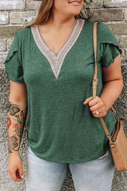 Plus Size V-Neck Petal Sleeve Blouse - IntuitiveEncBoutique