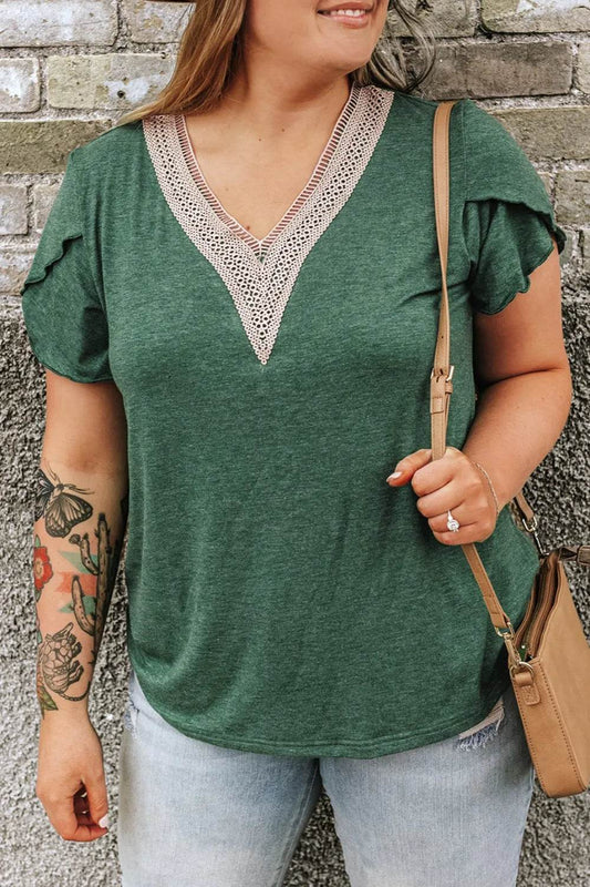 Plus Size V-Neck Petal Sleeve Blouse - IntuitiveEncBoutique