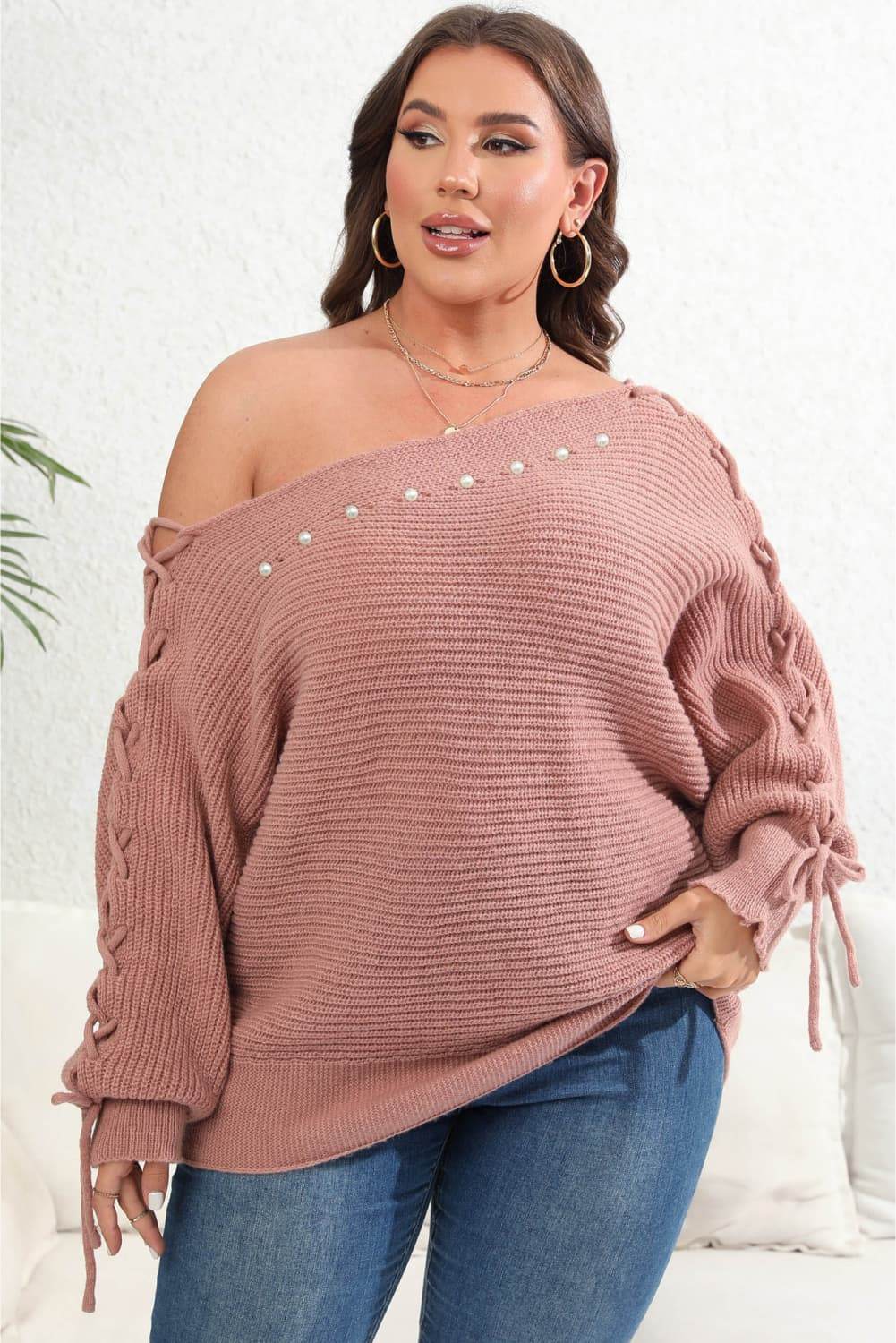Plus Size One Shoulder Beaded Sweater - IntuitiveEncBoutique