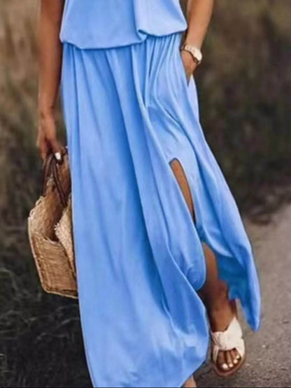 Full Size Round Neck Sleeveless Slit Maxi Dress Plus Size - IntuitiveEncBoutique
