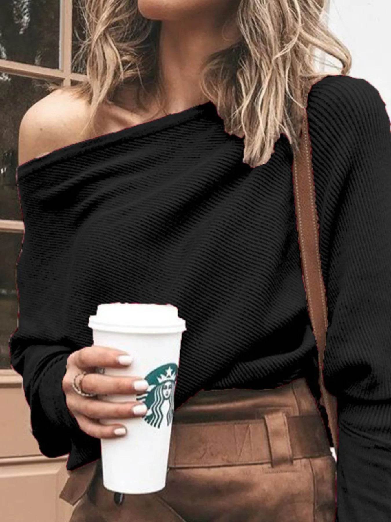 Full Size One-Shoulder Ribbed Sweater Plus Size - IntuitiveEncBoutique