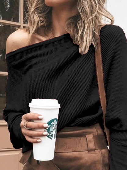 Full Size One-Shoulder Ribbed Sweater Plus Size - IntuitiveEncBoutique