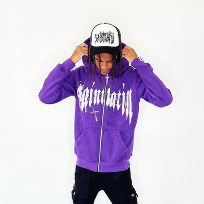 Hooded Sweatshirt with Foamed Print Trendy Letter Zipper Hoodie Long Sleeve Sweatshirt - IntuitiveEncBoutique