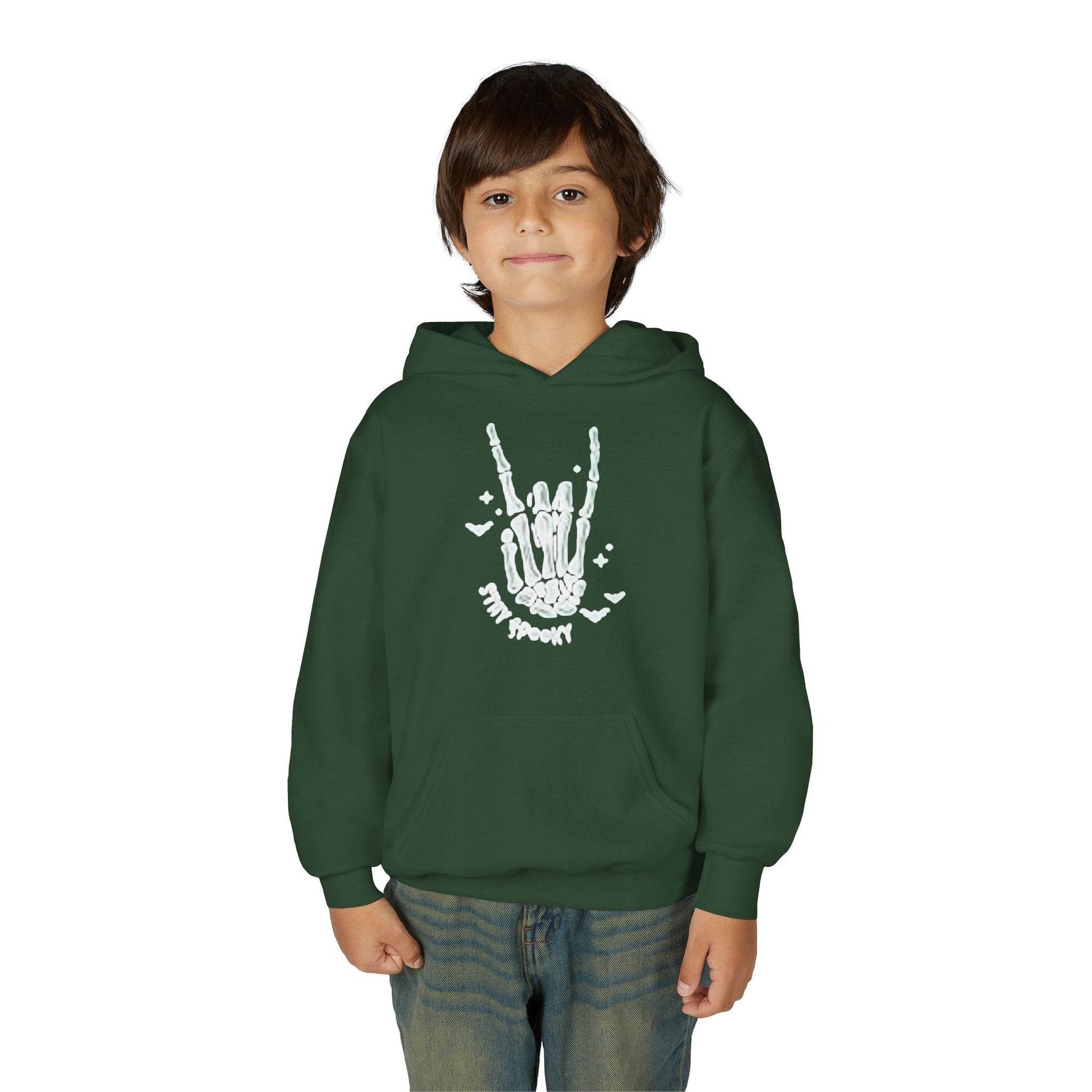 Youth Ghostly Rocker Hoodie - Stay Spooky Sweatshirt, Halloween Apparel, Youth Fashion, Skeleton Design, Cozy Gift - IntuitiveEncBoutique
