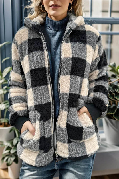Double Take Full Size Plaid Long Sleeve Hooded Coat - IntuitiveEncBoutique