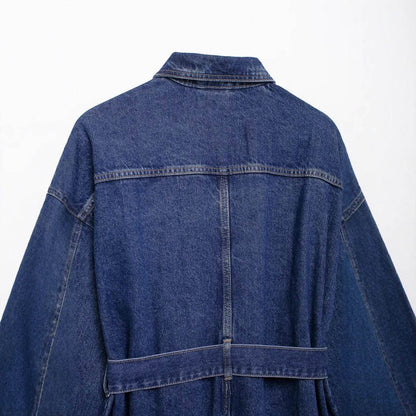 Women's Fashion Casual Retro Versatile Belted Waist Turn-down Collar Denim Jacket - IntuitiveEncBoutique