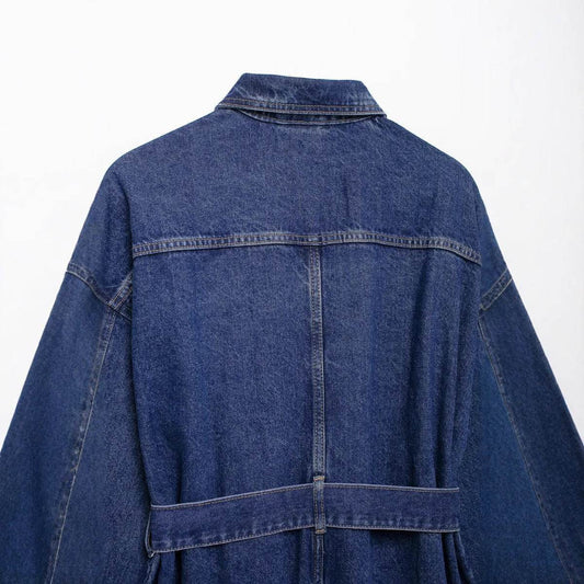 Women's Fashion Casual Retro Versatile Belted Waist Turn-down Collar Denim Jacket - IntuitiveEncBoutique