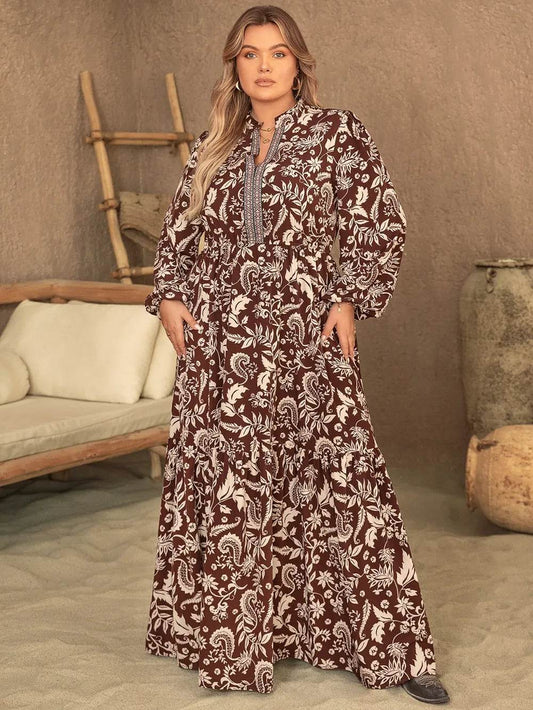 Plus Size Notched Balloon Sleeve Printed Maxi Dress - IntuitiveEncBoutique