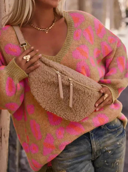 Leopard Oversized V-Neck Sweater - IntuitiveEncBoutique