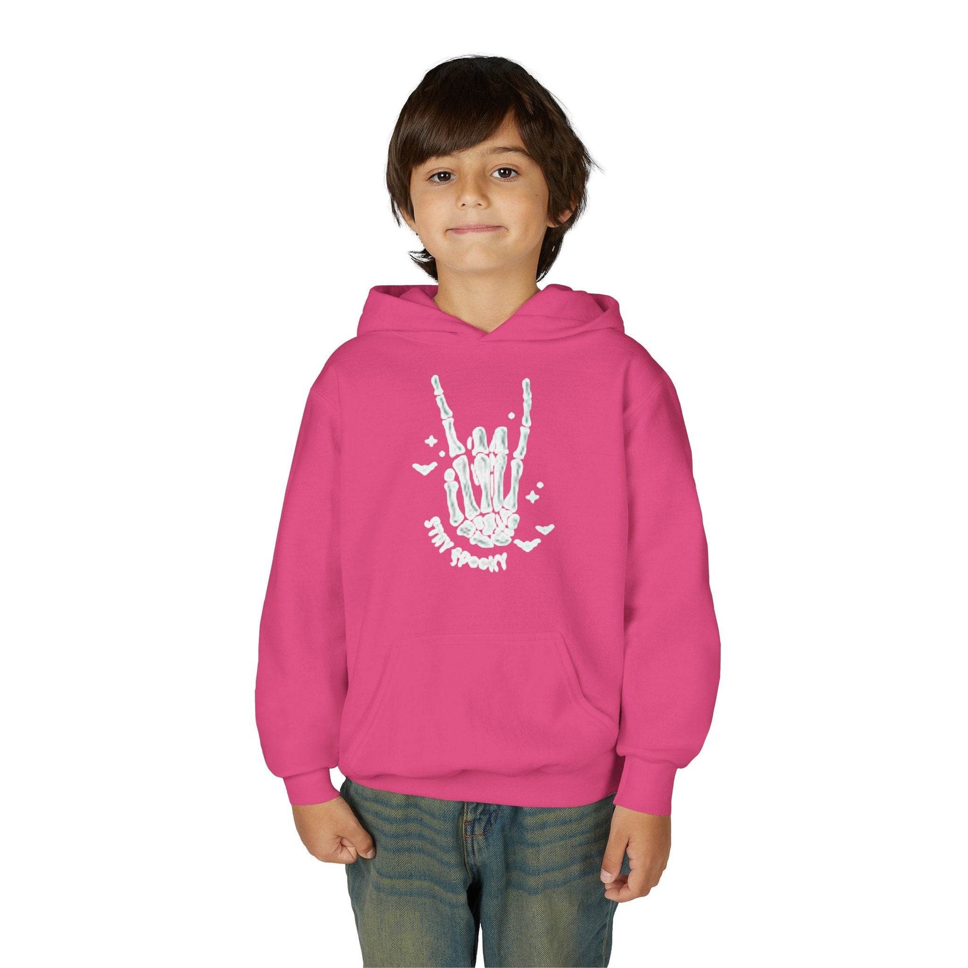 Youth Ghostly Rocker Hoodie - Stay Spooky Sweatshirt, Halloween Apparel, Youth Fashion, Skeleton Design, Cozy Gift - IntuitiveEncBoutique