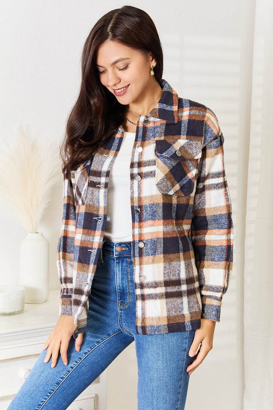 Double Take Plaid Button Front Shirt Jacket with Breast Pockets - IntuitiveEncBoutique