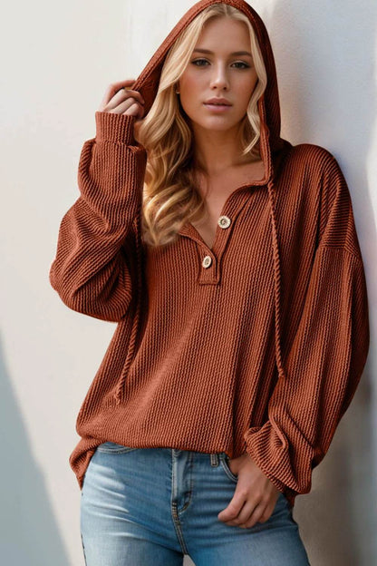 Double Take Full Size Half Button Long Sleeve Hoodie - IntuitiveEncBoutique