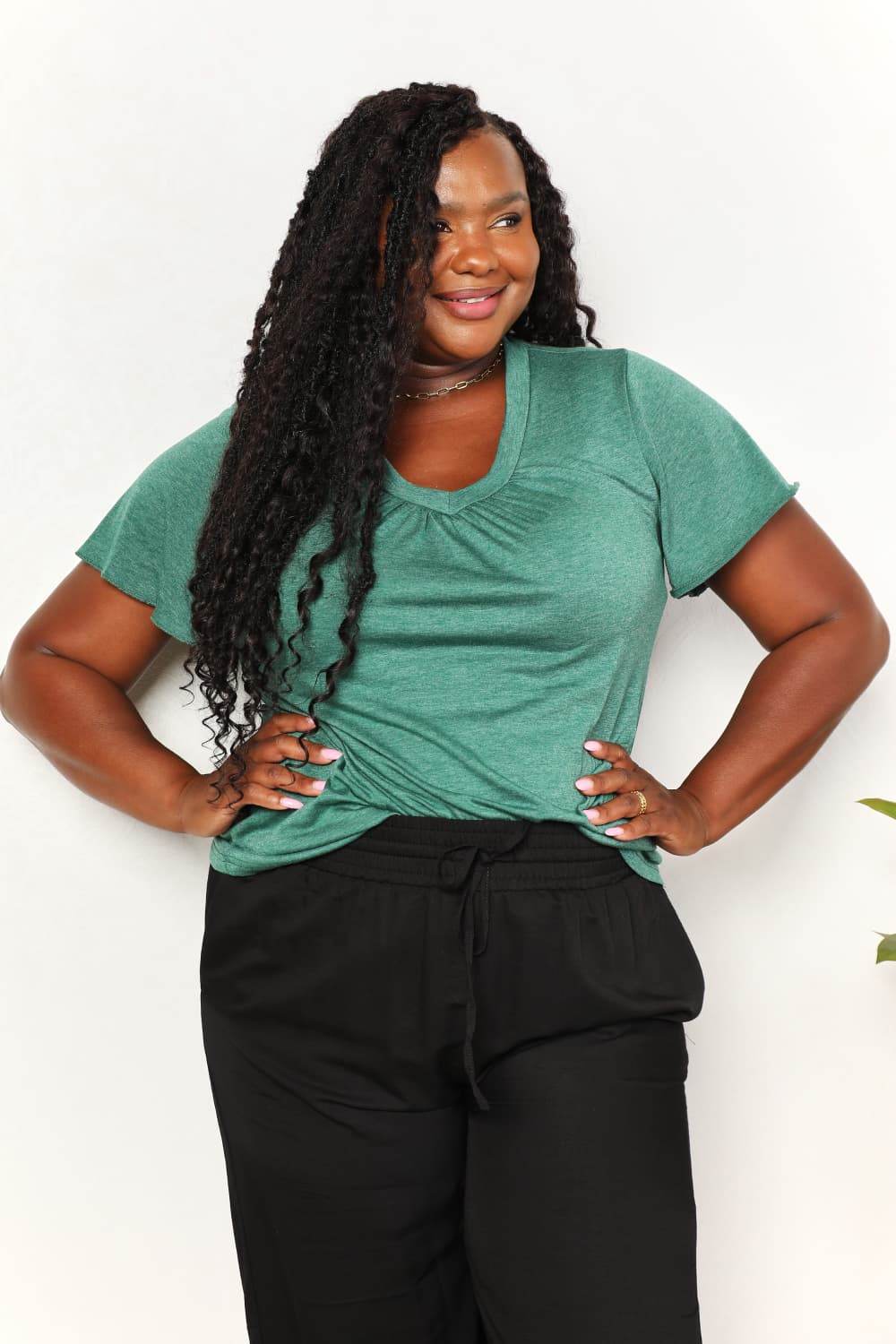 Double Take Ruched V-Neck Short Sleeve T-Shirt - IntuitiveEncBoutique