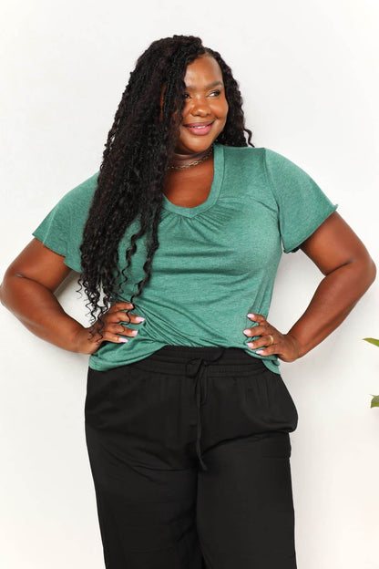 Double Take Ruched V-Neck Short Sleeve T-Shirt - IntuitiveEncBoutique