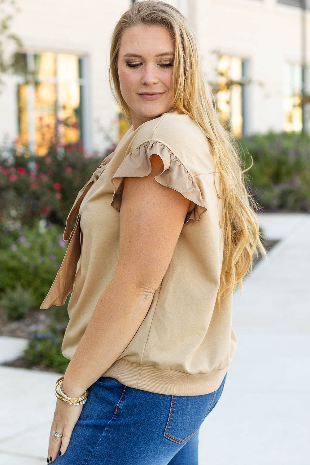Parchment Ruffled Short Sleeve Bowknot Applique Crew Neck Plus Size Top - IntuitiveEncBoutique