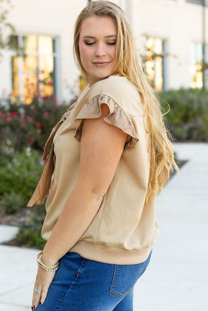 Parchment Ruffled Short Sleeve Bowknot Applique Crew Neck Plus Size Top - IntuitiveEncBoutique