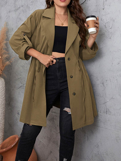 Honey Plus Size Lapel Collar Drawstring Roll-Tab Sleeve Trench Coat - IntuitiveEncBoutique