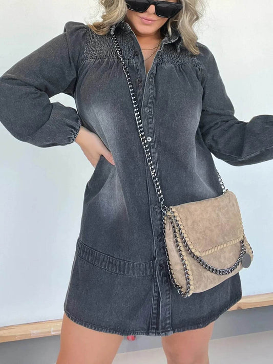 Full Size Button Front Long Sleeve Denim Dress Plus Size - IntuitiveEncBoutique