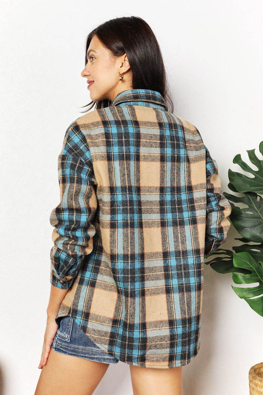 Double Take Plaid Curved Hem Shirt Jacket with Breast Pockets - IntuitiveEncBoutique
