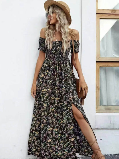 Full Size Slit Off-Shoulder Floral Midi Dress Plus Size - IntuitiveEncBoutique