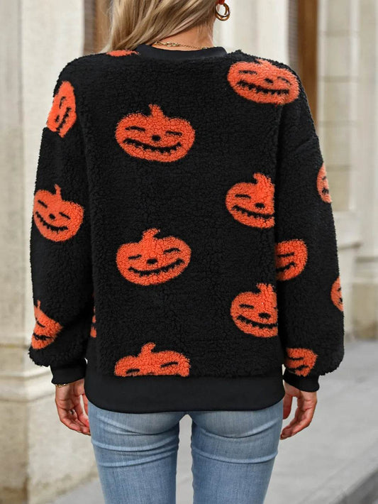 Fuzzy Pumpkin Round Neck Dropped Shoulder Sweater - IntuitiveEncBoutique