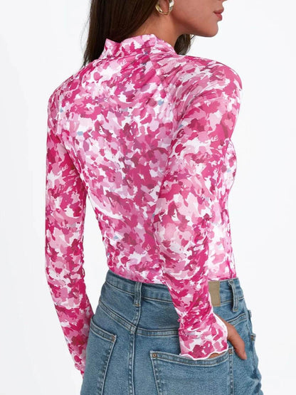 Floral Mock Neck Long Sleeve T-Shirt - IntuitiveEncBoutique