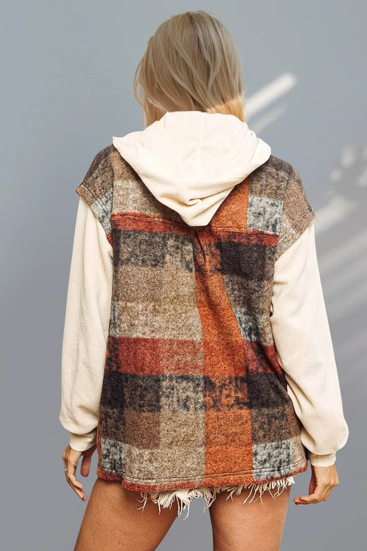 Double Take Contrast Long Sleeve Hooded Plaid Jacket - IntuitiveEncBoutique