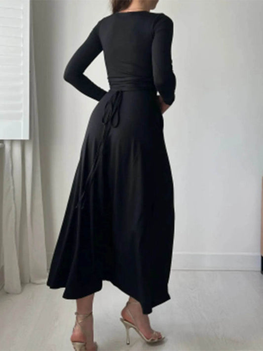 Full Size Tied Long Sleeve Bodycon Midi Dress Plus Size - IntuitiveEncBoutique