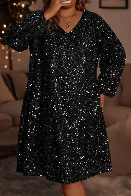 Color black Plus Size Bubble Sleeve V Neck Sequin Dress - IntuitiveEncBoutique