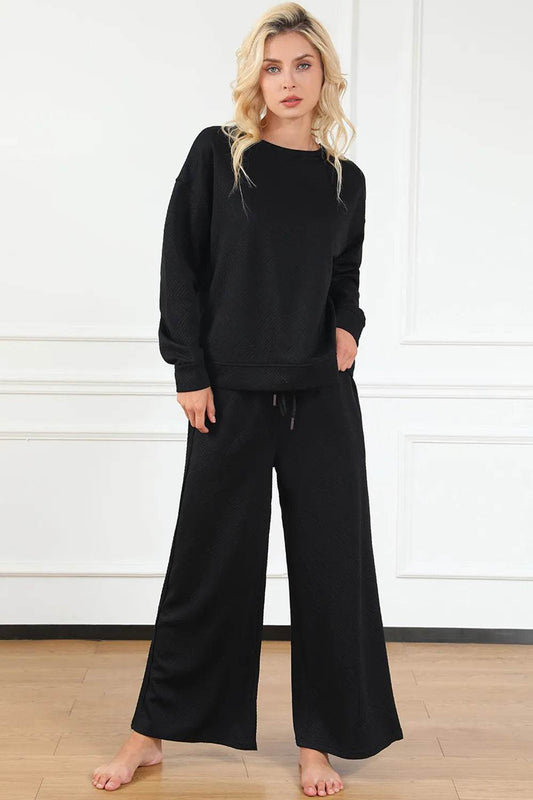 Double Take Full Size Textured Long Sleeve Top and Drawstring Pants Set - IntuitiveEncBoutique